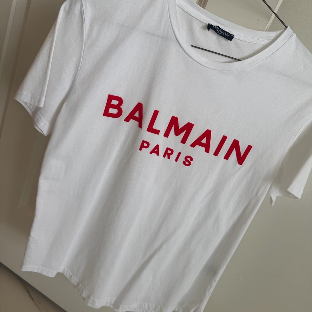 Balmain White Short Sleeve Tee with Red Logo